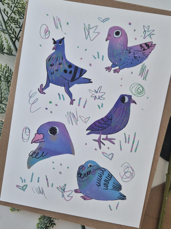 Pigeon's Party Digital drawing printed on paper 2025